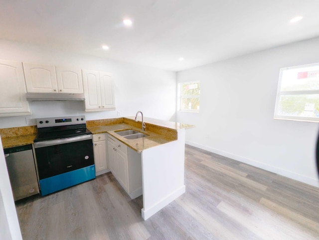 kitchen with sink, stainless steel range with electric stovetop, white cabinets, kitchen peninsula, and light wood-type flooring