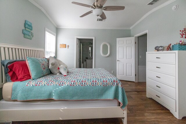 bedroom featuring dark wood-type flooring, visible vents, ornamental molding, and a ceiling fan