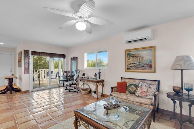 tiled living room featuring ceiling fan and a wall mounted air conditioner