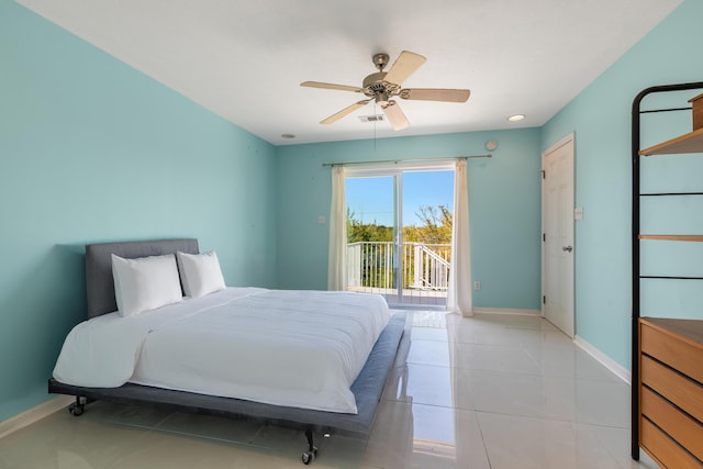 bedroom with visible vents, a ceiling fan, light tile patterned floors, baseboards, and access to exterior