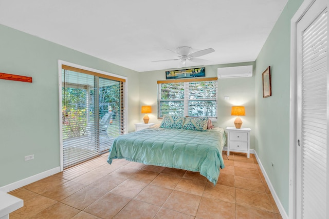 bedroom featuring an AC wall unit, light tile patterned floors, access to exterior, and ceiling fan