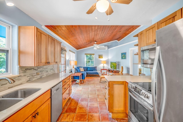 kitchen with lofted ceiling, sink, backsplash, stainless steel appliances, and wooden ceiling