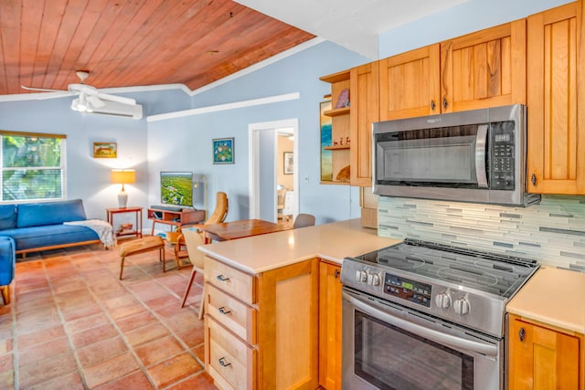 kitchen with stainless steel appliances, lofted ceiling, wood ceiling, and decorative backsplash