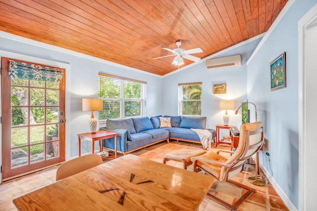 living room with a wall mounted air conditioner, lofted ceiling, ceiling fan, wood ceiling, and crown molding