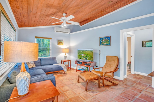 living room featuring vaulted ceiling, a wall mounted AC, ornamental molding, ceiling fan, and wooden ceiling