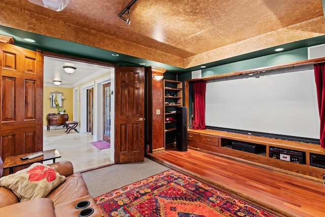 home theater room with crown molding and track lighting