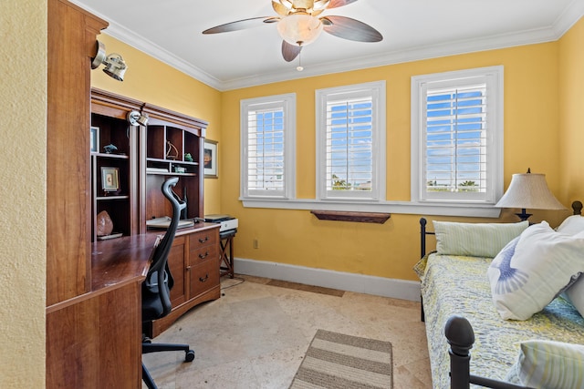 home office featuring ceiling fan, ornamental molding, and plenty of natural light