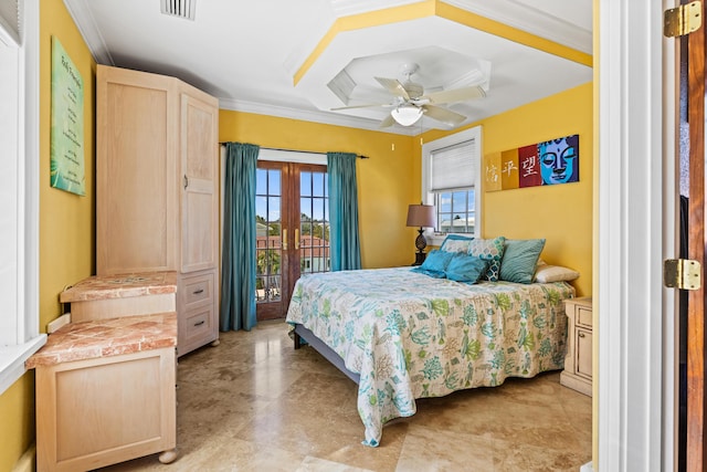 bedroom featuring ornamental molding, access to exterior, and ceiling fan