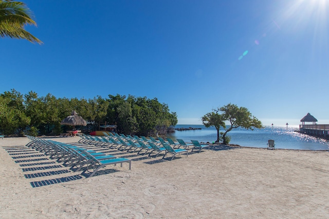 view of swimming pool with a beach view and a water view