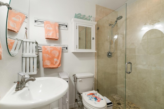 bathroom featuring a sink, a stall shower, and toilet