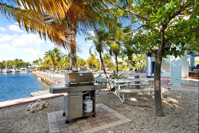 exterior space featuring a water view and a dock