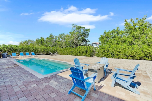 view of pool featuring a fire pit and a patio area