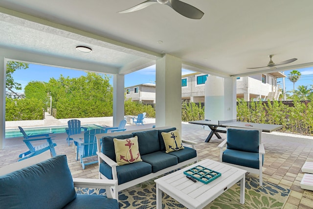 view of patio / terrace featuring ceiling fan and an outdoor hangout area