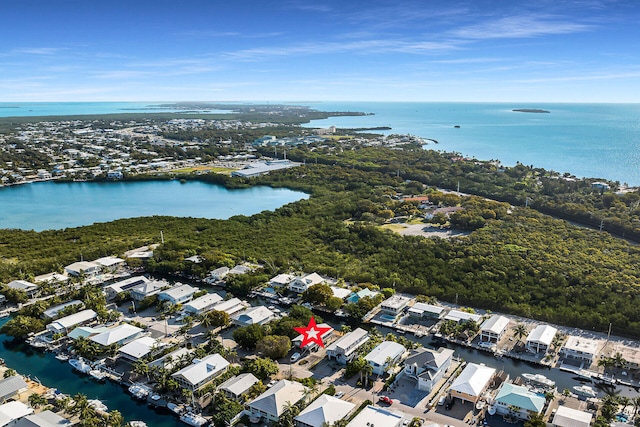 drone / aerial view with a water view