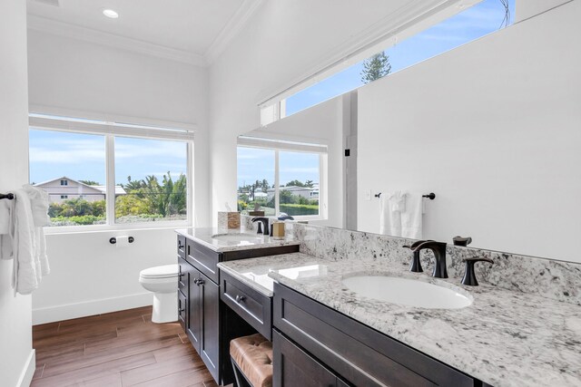 bathroom with crown molding, vanity, toilet, and hardwood / wood-style flooring