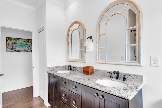 bathroom with hardwood / wood-style flooring, ornamental molding, and vanity