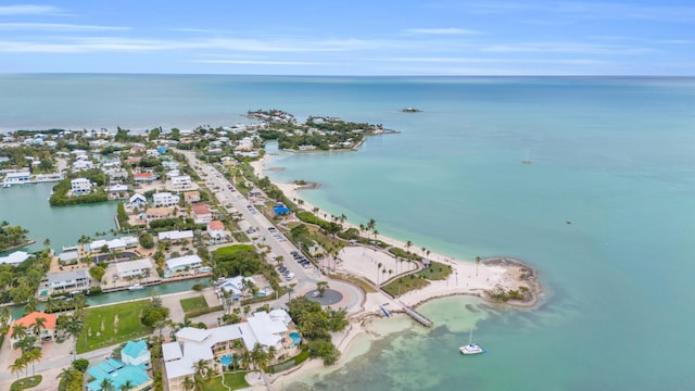 drone / aerial view with a water view and a beach view