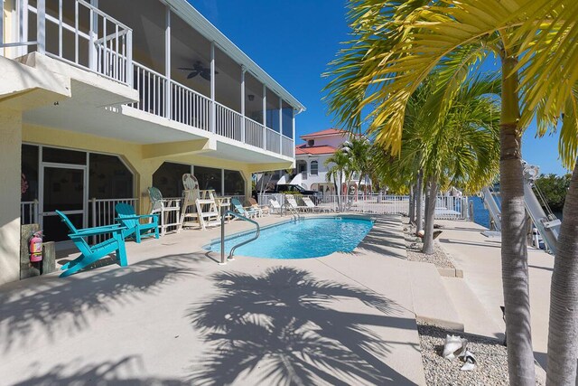 view of pool with a patio and ceiling fan