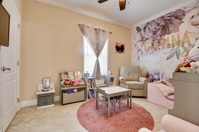 playroom with crown molding and ceiling fan