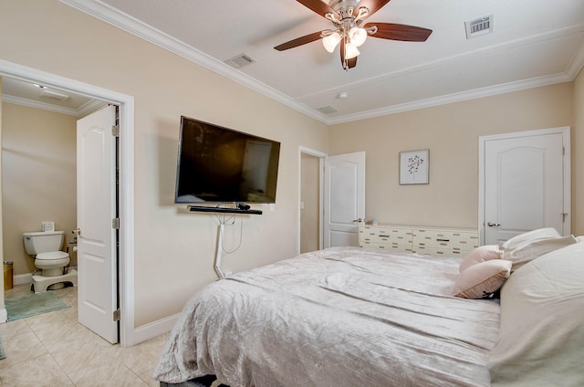 bedroom with light tile patterned flooring, ceiling fan, ornamental molding, and ensuite bath