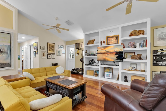 260 3rd St, Key Colony, FL 33051 - living room featuring a ceiling fan, wood finished floors, and lofted ceiling