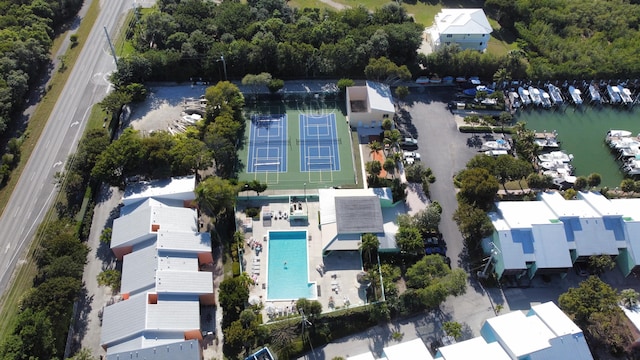 drone / aerial view featuring a water view