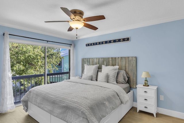 bedroom with ceiling fan, ornamental molding, light wood-type flooring, and access to outside