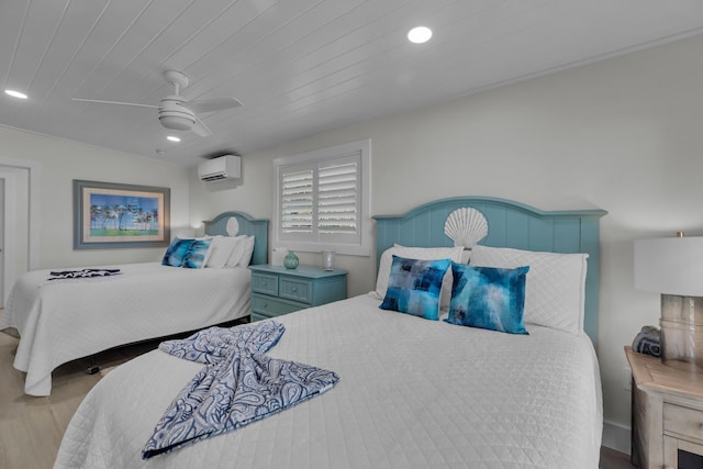 bedroom featuring recessed lighting, light wood-style flooring, a ceiling fan, wooden ceiling, and a wall mounted air conditioner