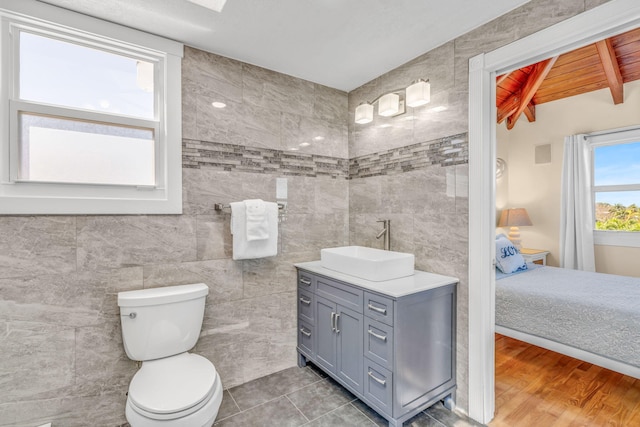 bathroom featuring toilet, tile walls, wood finished floors, and vanity