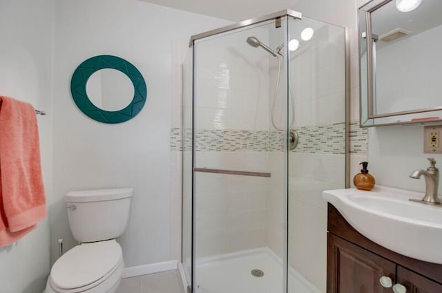 bathroom with toilet, a stall shower, tile patterned flooring, and vanity