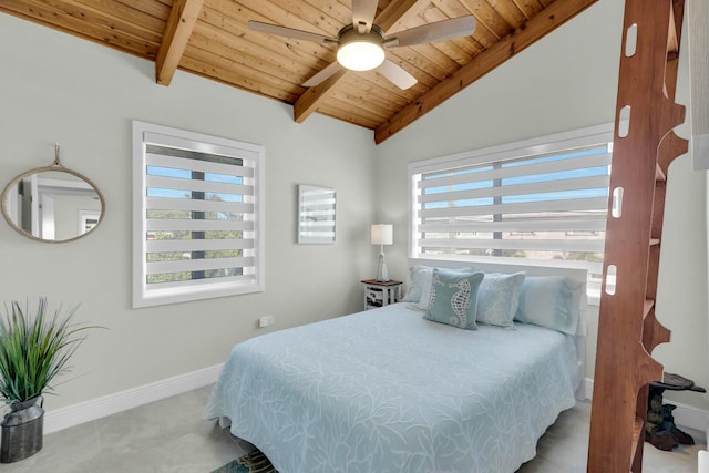 bedroom with vaulted ceiling with beams, wooden ceiling, and ceiling fan