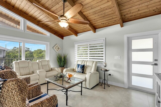 living room featuring light tile patterned floors, wood ceiling, lofted ceiling with beams, and ceiling fan