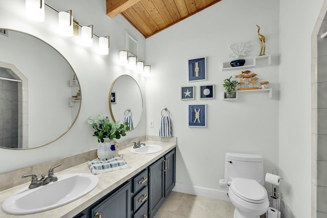 bathroom with lofted ceiling with beams, tile patterned flooring, vanity, wood ceiling, and toilet