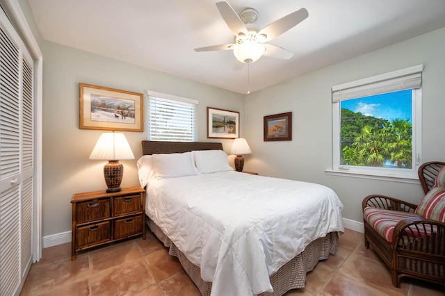 bedroom with ceiling fan and a closet