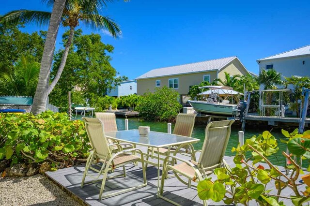 view of patio / terrace featuring a dock and a water view