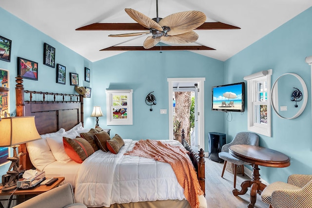 bedroom with vaulted ceiling with beams, access to exterior, ceiling fan, and light hardwood / wood-style flooring