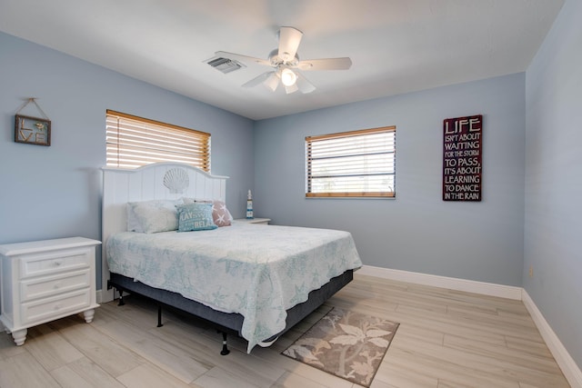 bedroom featuring ceiling fan and light wood-type flooring