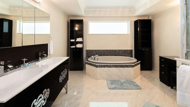 97501 Overseas Hwy Unit 809, Key Largo, FL 33037 - bathroom featuring double vanity, ornamental molding, plenty of natural light, and a bath