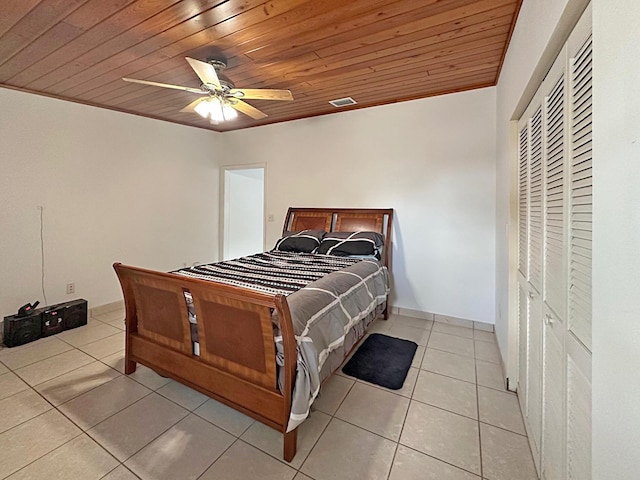 tiled bedroom featuring wooden ceiling, ceiling fan, and a closet
