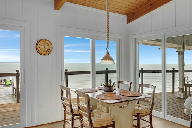 sunroom / solarium with lofted ceiling with beams, wooden ceiling, and a water view