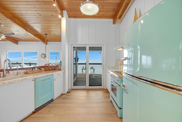 kitchen featuring sink, white cabinets, fridge, high end white range oven, and a water view