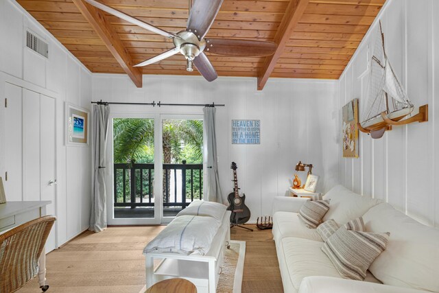 living room featuring beam ceiling, ceiling fan, wood ceiling, and light hardwood / wood-style floors