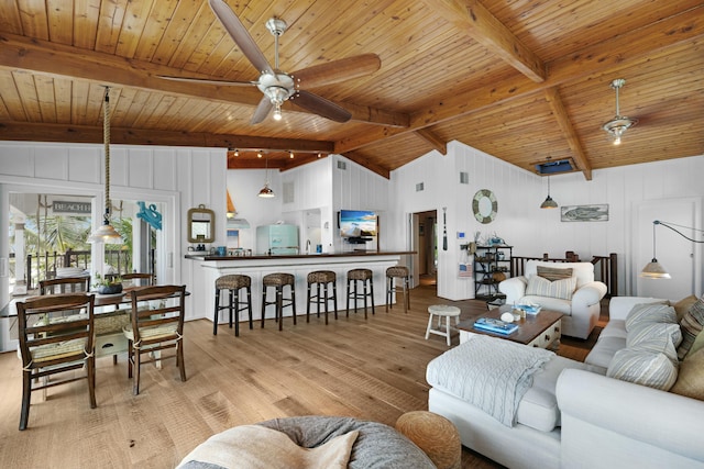 living room with lofted ceiling with beams, ceiling fan, wood ceiling, and light hardwood / wood-style floors