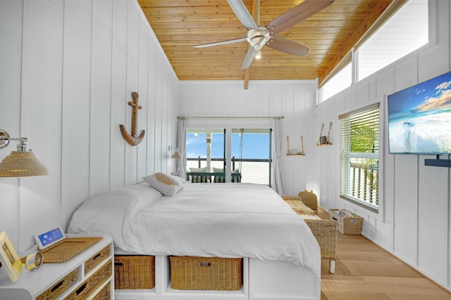 bedroom featuring wood ceiling, ceiling fan, beamed ceiling, and light wood-type flooring