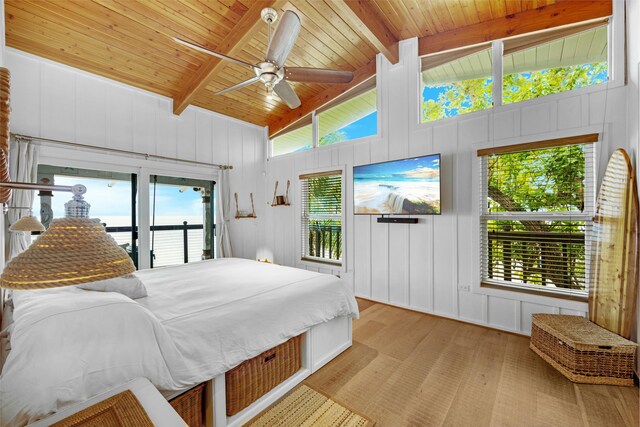 bedroom featuring lofted ceiling with beams, light wood-type flooring, wood ceiling, and multiple windows