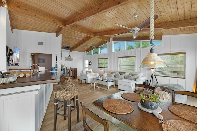 living room with ceiling fan, vaulted ceiling with beams, wood ceiling, and light wood-type flooring