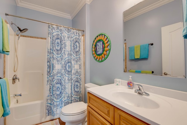 full bathroom with crown molding, shower / tub combo with curtain, vanity, and toilet