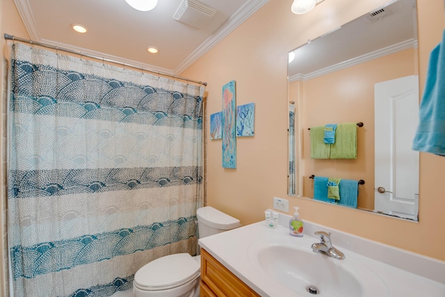 bathroom with vanity, ornamental molding, toilet, and a shower with shower curtain