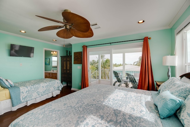 bedroom featuring dark hardwood / wood-style flooring, access to exterior, crown molding, and ceiling fan