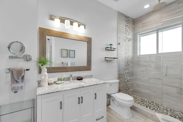 bathroom with vanity, toilet, and walk in shower